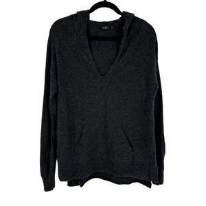 Lusso Cashmere V-Neck Hooded Sweater M Grey Kangaroo Pocket‎ Casual Pullover